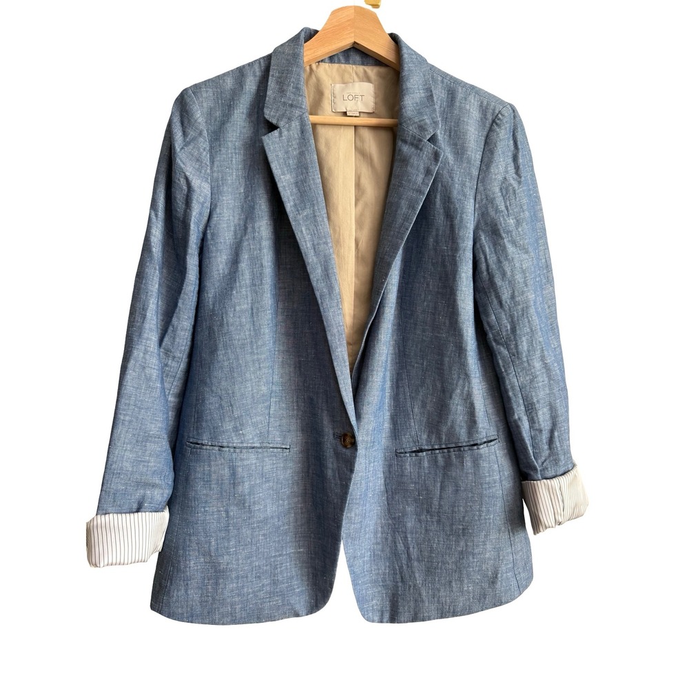 Ann Taylor LOFT Light Blue Cotton Linen Blend Chambray Button Blazer Jacket SZ 4